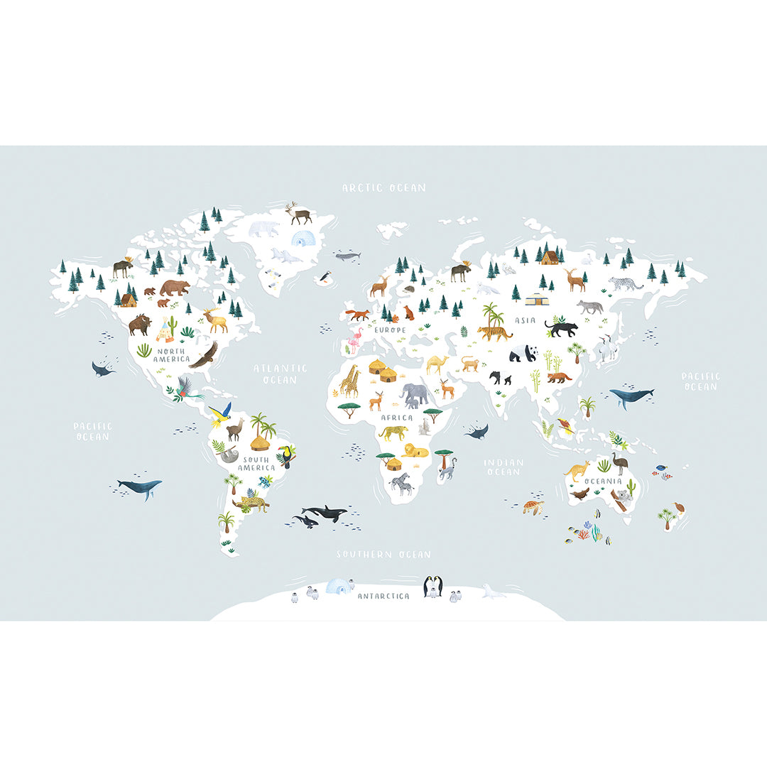 LIVING EARTH - Esempio di carta da parati panoramica, mappa del mondo degli animali