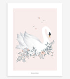 GRACE - Poster per bambini - Cigno e fiori (sfondo rosa)