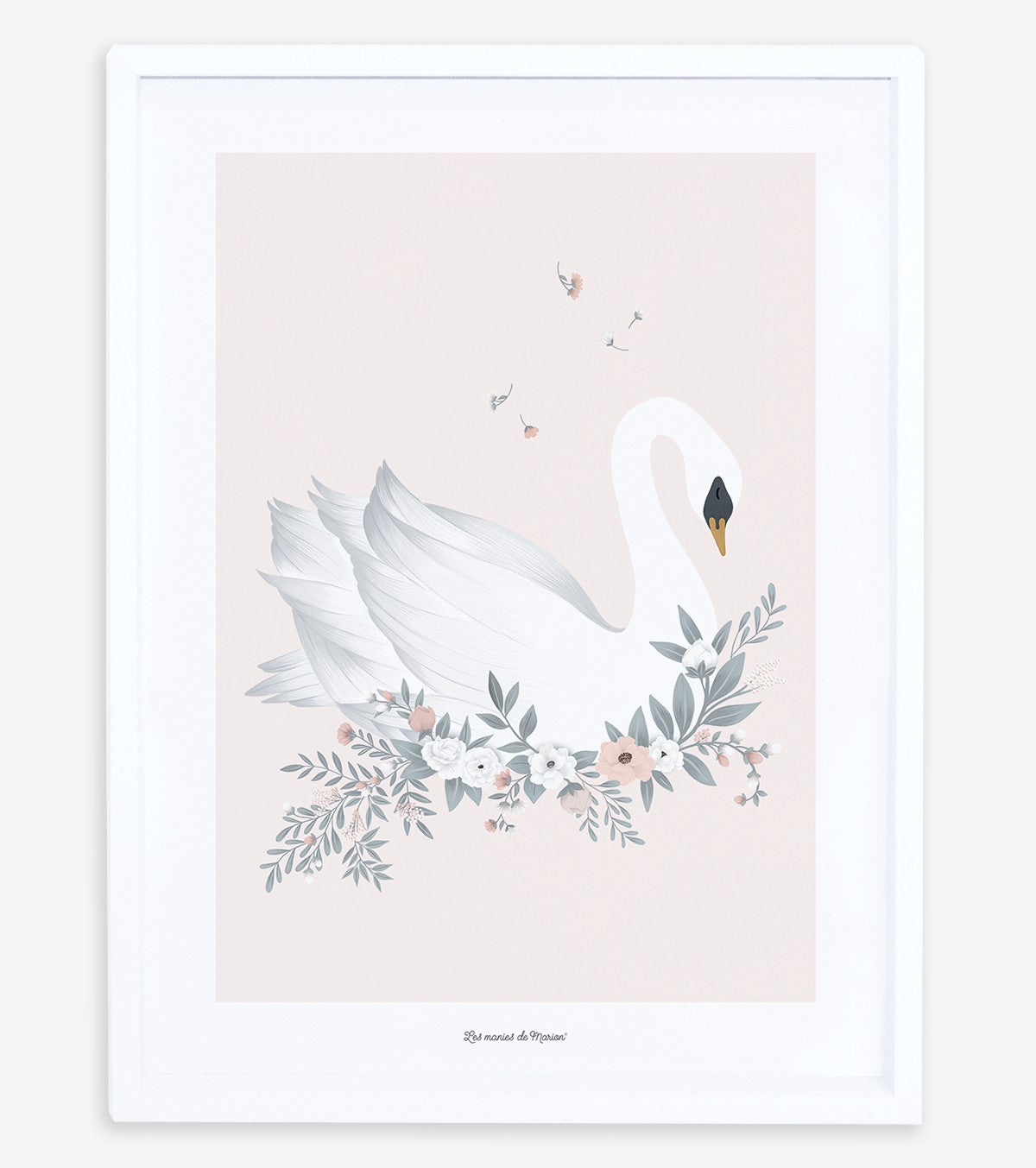 GRACE - Poster per bambini - Cigno e fiori (sfondo rosa)