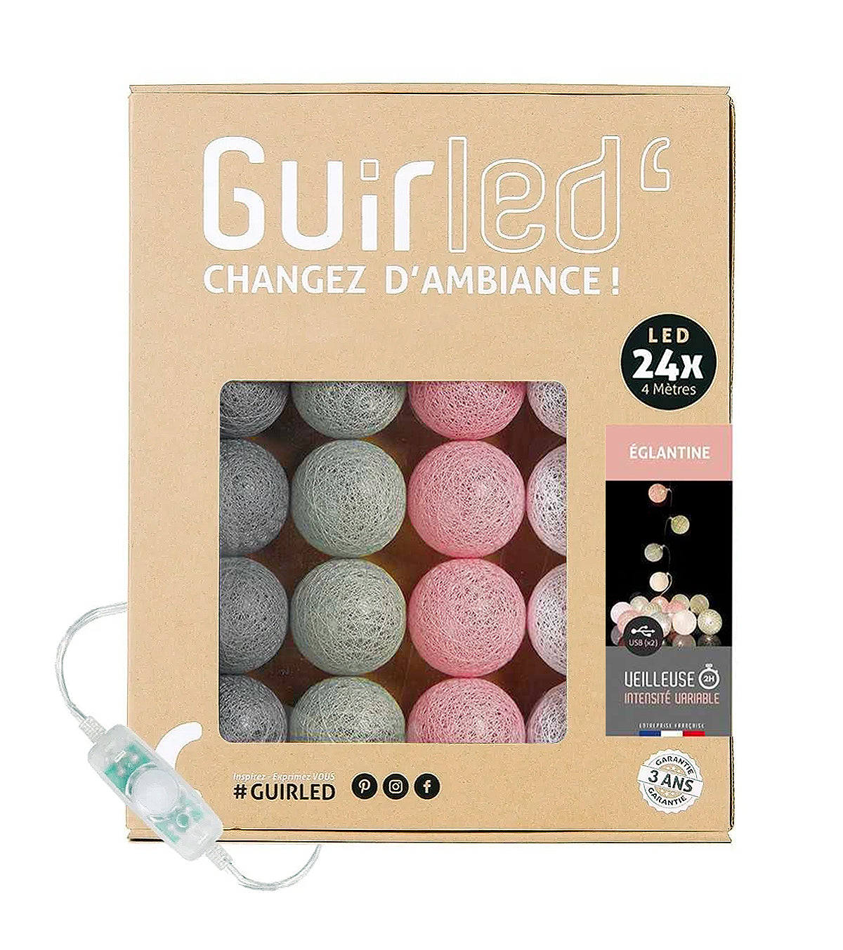 Guirlande lumineuse 24 boules de coton (rose, gris) - Éclairage décoratif intérieur