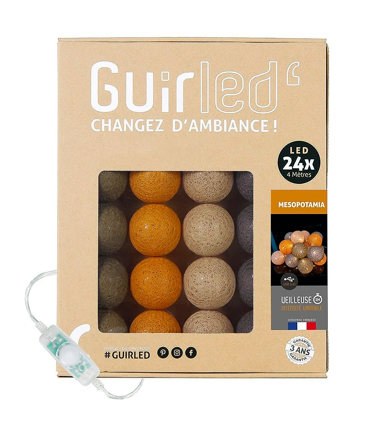 Guirlande lumineuse 24 boules de coton (taupe, marron ...) - Éclairage décoratif intérieur