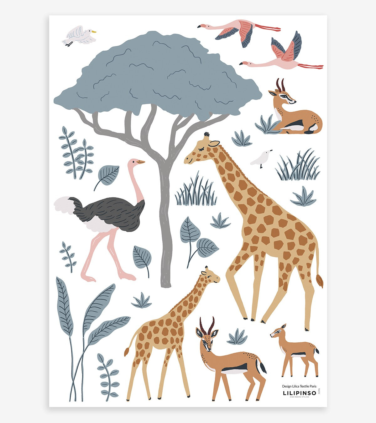 Adesivi murali animali della savana - Giraffa, gazzella, struzzo - TANZIANIA