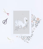 GRACE - Poster per bambini - Cigno e fiori (sfondo grigio)