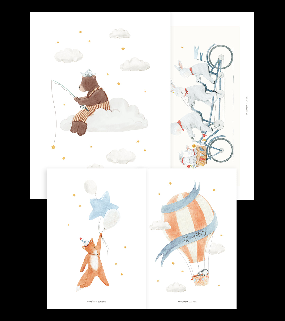 GENTLE FRIENDS - Set di 4 Posters - Coniglio, orso, volpe e mongolfiere