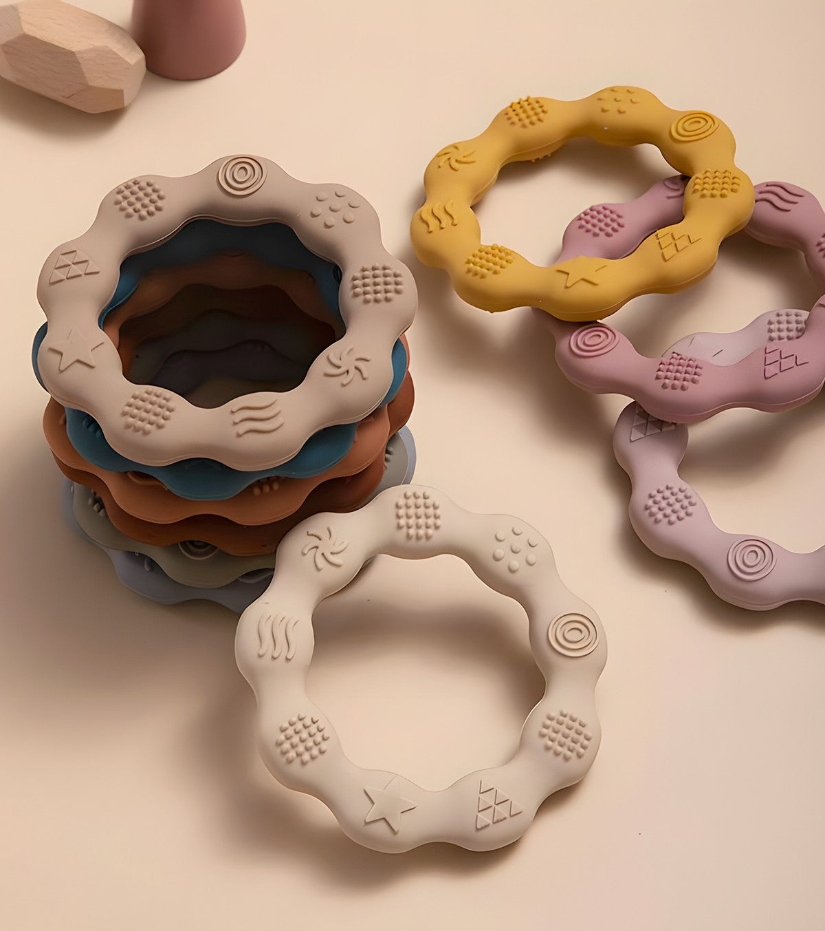 Set di 2 anelli per dentizione in silicone - terracotta/sabbia